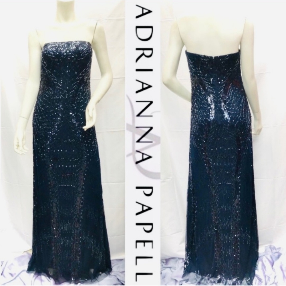 Adrianna-Papell strapless , beaded 🌹NAVY BLUE long Gown - Picture 3 of 4